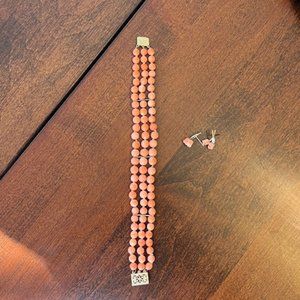 Vintage Coral Bracelet and Tulip Studs - 14K Gold